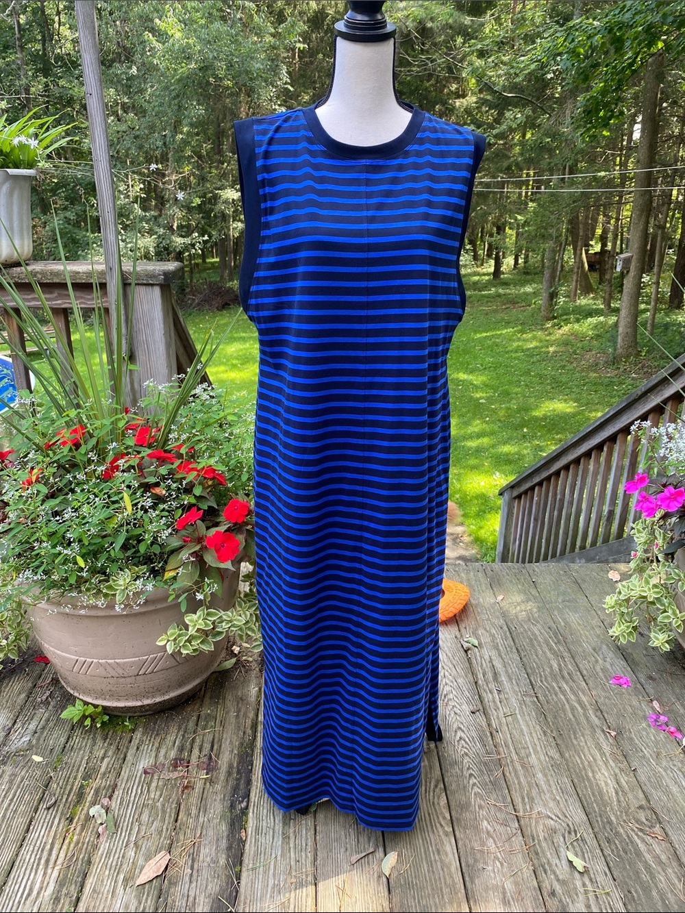 Talbots Blue and Black Striped Sleeveless Maxi Dress with Crew Neck